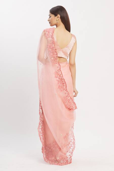 Shop_Neha Khullar_Peach Silk, Organza V Neck Saree With Blouse _at_Aza_Fashions