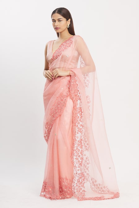 Neha Khullar_Peach Silk, Organza V Neck Saree With Blouse _Online_at_Aza_Fashions