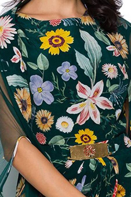 Soup By Sougat Paul_Green Net, Crepe Round Draped Dress With Cape _at_Aza_Fashions