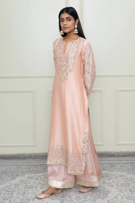 Sheetal Batra_Pink Modal Satin, Organza, Chanderi Notched Kurta Set_Online_at_Aza_Fashions