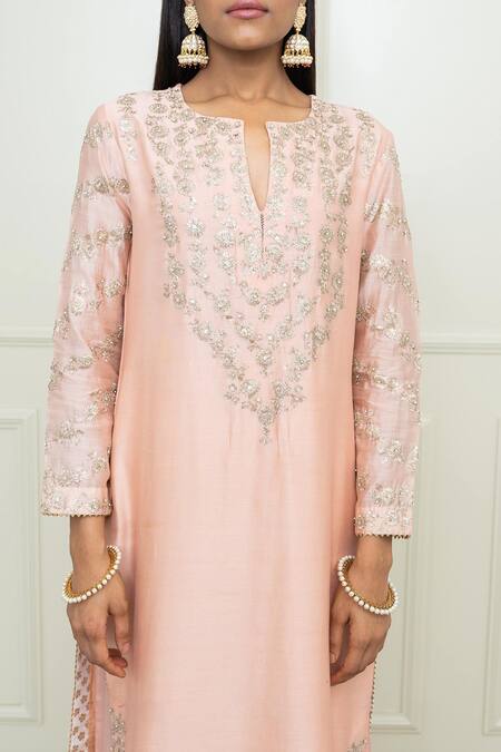 Buy_Sheetal Batra_Pink Modal Satin, Organza, Chanderi Notched Kurta Set_Online_at_Aza_Fashions