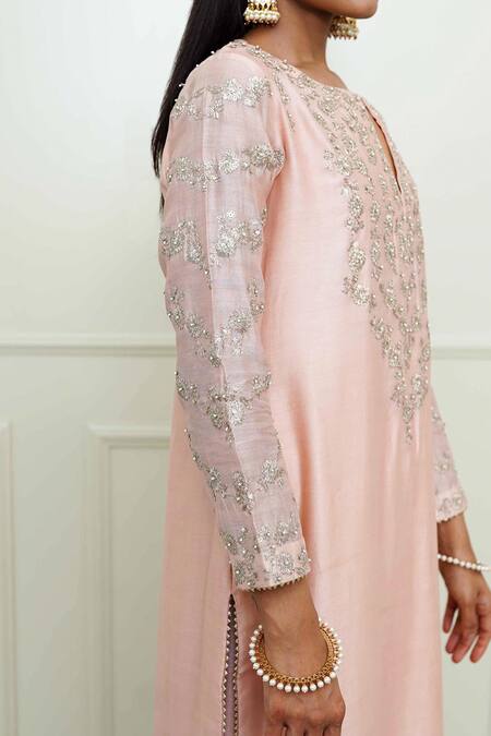 Shop_Sheetal Batra_Pink Modal Satin, Organza, Chanderi Notched Kurta Set_Online_at_Aza_Fashions