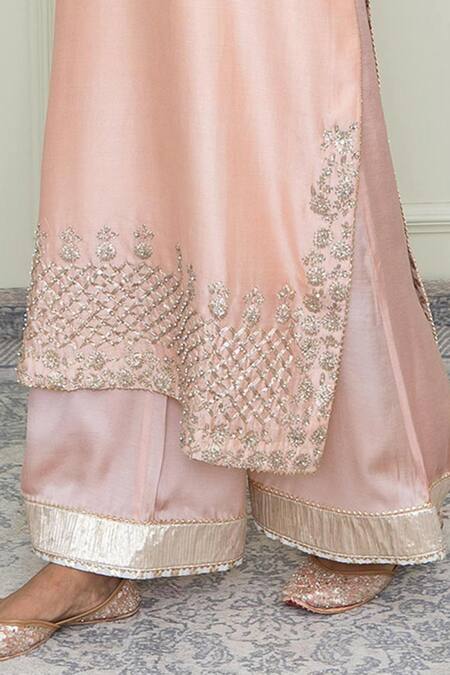 Sheetal Batra_Pink Modal Satin, Organza, Chanderi Notched Kurta Set_at_Aza_Fashions