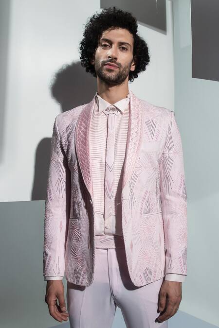 Shop Ankur J Pink Moss Crepe Rose Tuxedo And Shirt Set Online at Aza Fashions Shop_Ankur J_Pink Moss Crepe Rose Tuxedo And Shirt Set _Online_at_Aza_Fashions