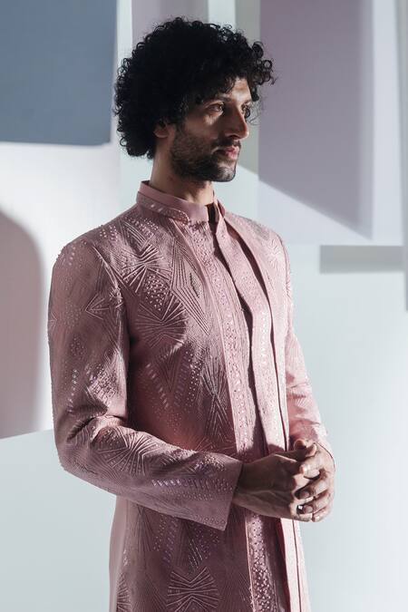 Ankur J_Pink Moss Crepe Embroidered Bandhgala And Pant Set_Online_at_Aza_Fashions