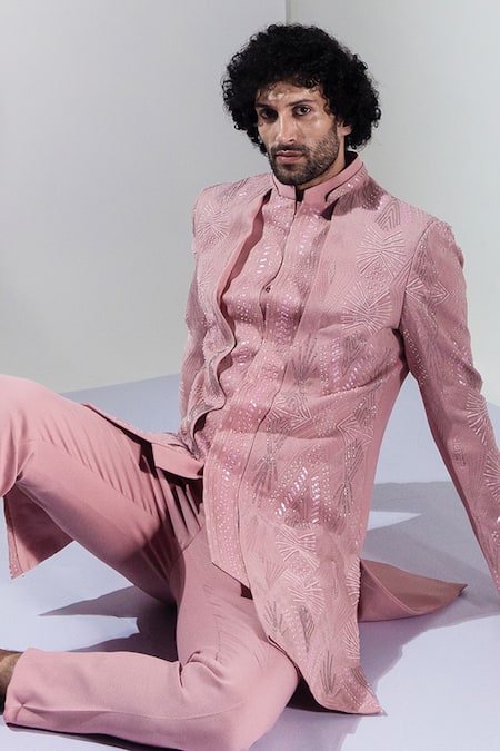 Buy_Ankur J_Pink Moss Crepe Embroidered Bandhgala And Pant Set_Online_at_Aza_Fashions