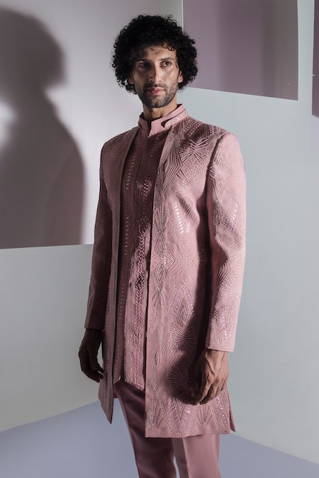 Ankur J_Pink Moss Crepe Embroidered Bandhgala And Pant Set_at_Aza_Fashions