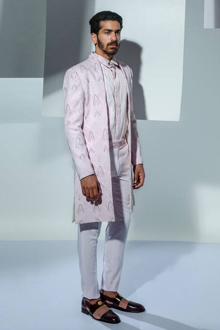 Shop_Ankur J_Pink Bandhgala And Pant Moss Crepe Shirt Glazed Cotton Embroidered & Set _at_Aza_Fashions