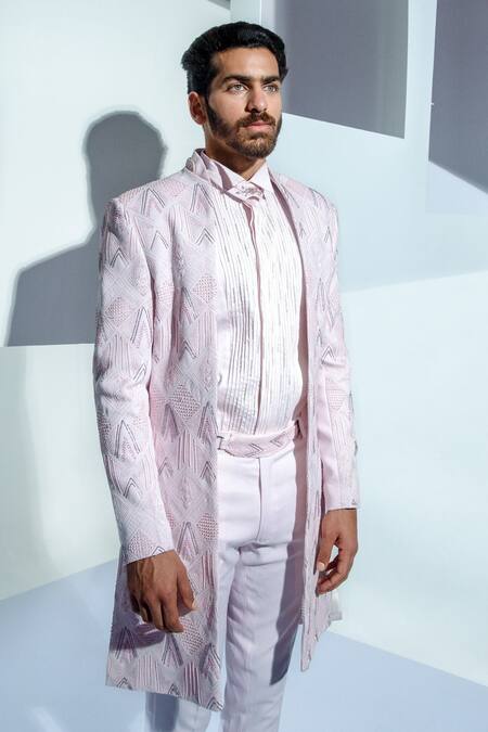 Ankur J_Pink Bandhgala And Pant Moss Crepe Shirt Glazed Cotton Embroidered & Set _Online_at_Aza_Fashions