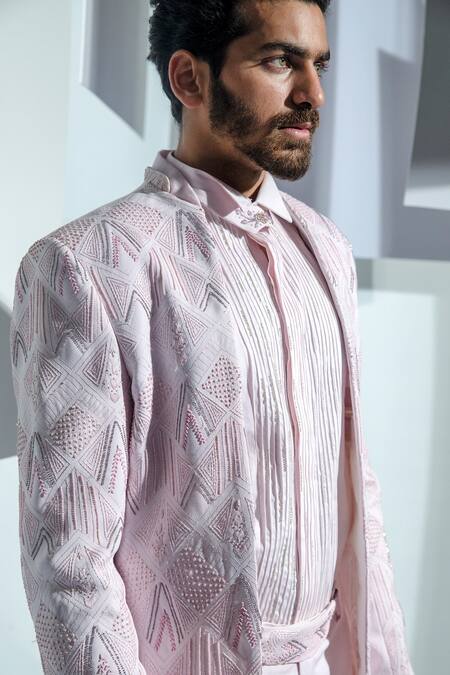 Shop_Ankur J_Pink Bandhgala And Pant Moss Crepe Shirt Glazed Cotton Embroidered & Set _Online_at_Aza_Fashions