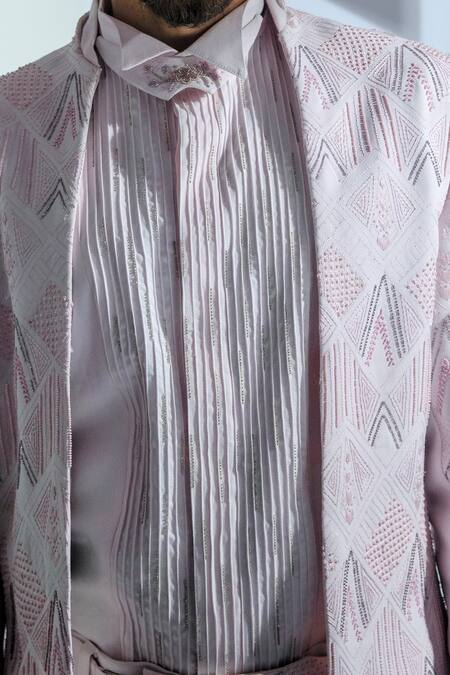 Ankur J_Pink Bandhgala And Pant Moss Crepe Shirt Glazed Cotton Embroidered & Set _at_Aza_Fashions