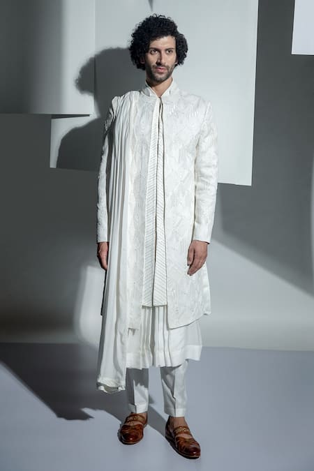 Ankur J White Bubble Georgette Blanc Embroidered Sherwani Set