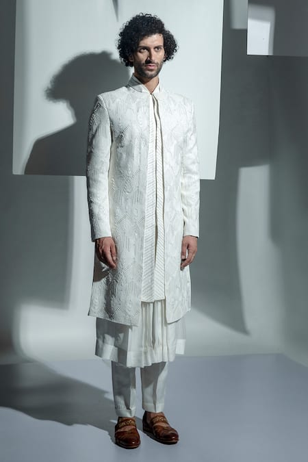 Shop Ankur J White Bubble Georgette Blanc Embroidered Sherwani Set at Aza Fashions Shop_Ankur J_White Bubble Georgette Blanc Embroidered Sherwani Set _at_Aza_Fashions