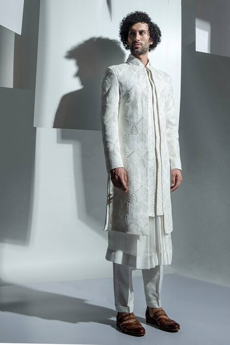Ankur J White Bubble Georgette Blanc Embroidered Sherwani Set Online at Aza Fashions Ankur J_White Bubble Georgette Blanc Embroidered Sherwani Set _Online_at_Aza_Fashions