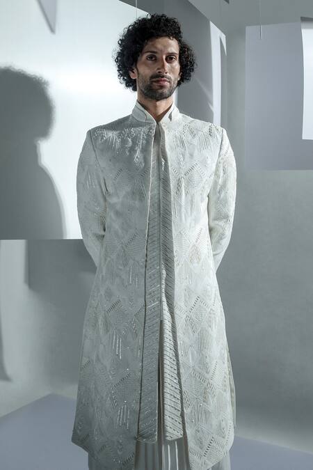Buy Ankur J White Bubble Georgette Blanc Embroidered Sherwani Set Online at Aza Fashions Buy_Ankur J_White Bubble Georgette Blanc Embroidered Sherwani Set _Online_at_Aza_Fashions