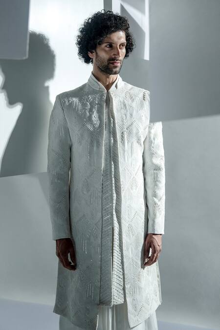 Shop Ankur J White Bubble Georgette Blanc Embroidered Sherwani Set Online at Aza Fashions Shop_Ankur J_White Bubble Georgette Blanc Embroidered Sherwani Set _Online_at_Aza_Fashions