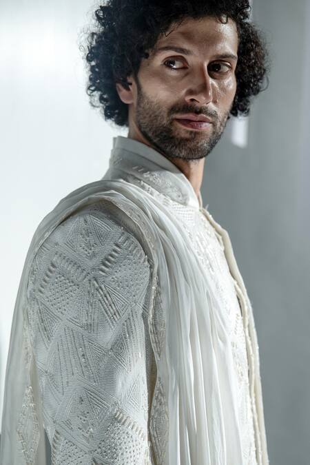 Ankur J White Bubble Georgette Blanc Embroidered Sherwani Set at Aza Fashions Ankur J_White Bubble Georgette Blanc Embroidered Sherwani Set _at_Aza_Fashions