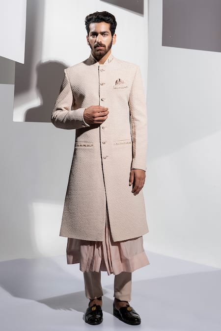 Shop Ankur J Pink Mezze Muslin Knit Embroidered Sherwani Set at Aza Fashions Shop_Ankur J_Pink Mezze Muslin Knit Embroidered Sherwani Set _at_Aza_Fashions