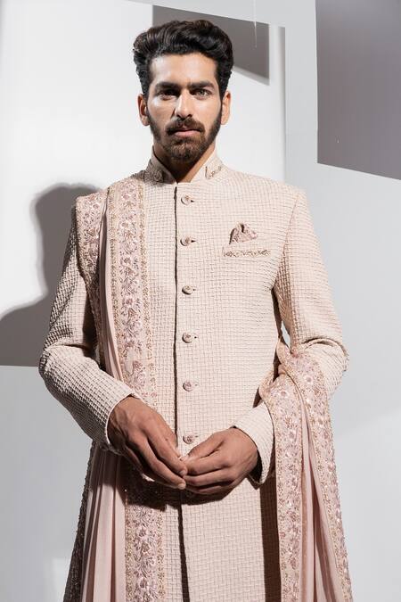 Shop Ankur J Pink Mezze Muslin Knit Embroidered Sherwani Set Online at Aza Fashions Shop_Ankur J_Pink Mezze Muslin Knit Embroidered Sherwani Set _Online_at_Aza_Fashions