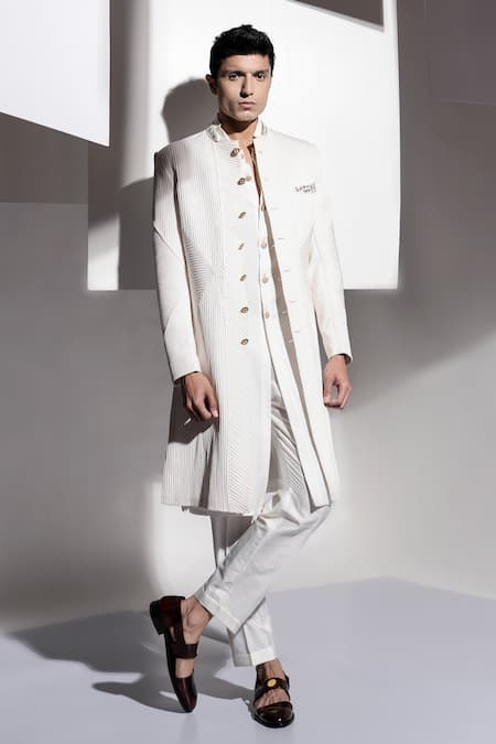 Ankur J White Banana Crepe Pleated Sherwani Set