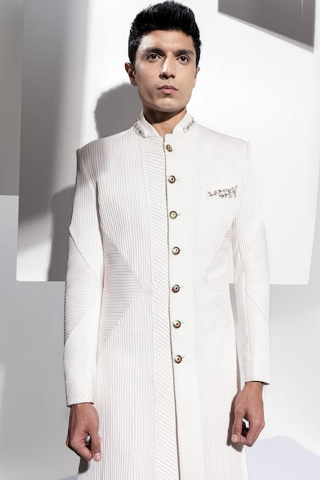 Shop Ankur J White Banana Crepe Pleated Sherwani Set at Aza Fashions Shop_Ankur J_White Banana Crepe Pleated Sherwani Set _at_Aza_Fashions