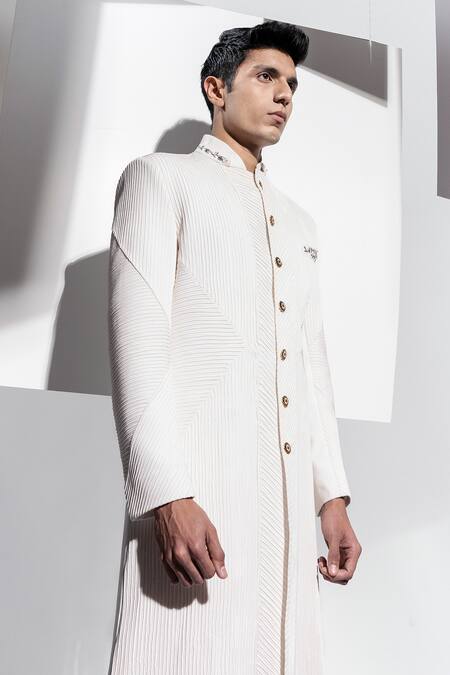 Ankur J White Banana Crepe Pleated Sherwani Set Online at Aza Fashions Ankur J_White Banana Crepe Pleated Sherwani Set _Online_at_Aza_Fashions