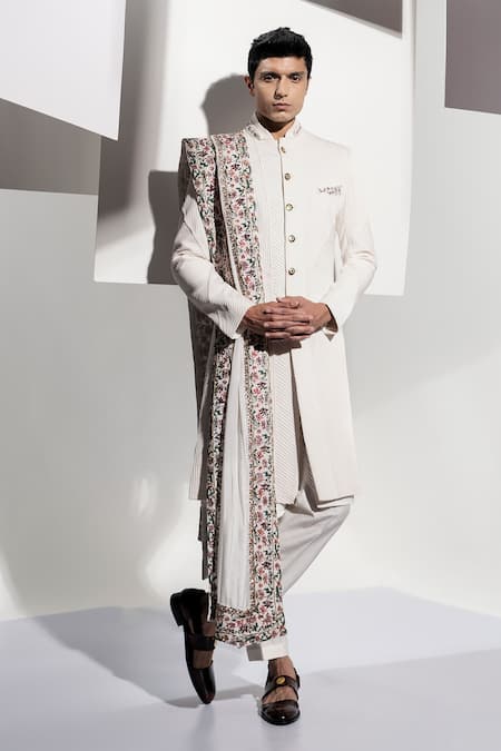 Ankur J White Banana Crepe Pleated Sherwani Set