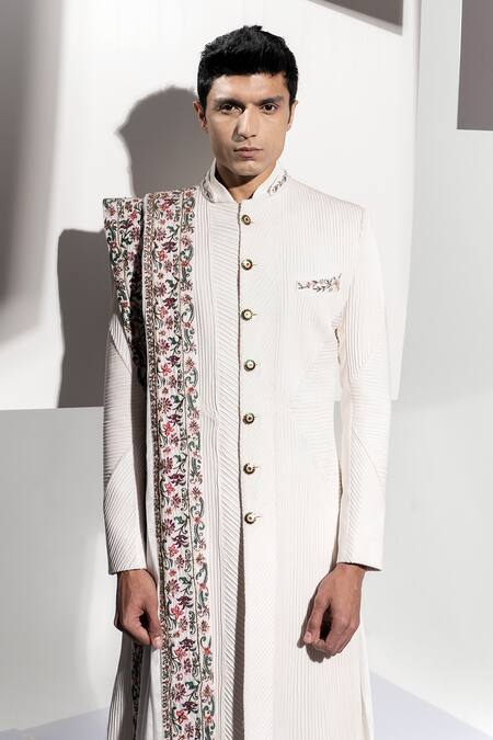 Ankur J_White Banana Crepe Pleated Sherwani Set _Online_at_Aza_Fashions