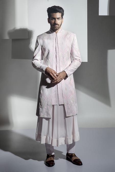 Shop Ankur J Pink Moss Crepe Rose Embroidered Sherwani Set at Aza Fashions Shop_Ankur J_Pink Moss Crepe Rose Embroidered Sherwani Set _at_Aza_Fashions