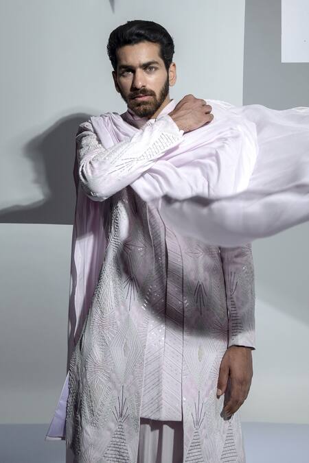 Shop Ankur J Pink Moss Crepe Rose Embroidered Sherwani Set Online at Aza Fashions Shop_Ankur J_Pink Moss Crepe Rose Embroidered Sherwani Set _Online_at_Aza_Fashions