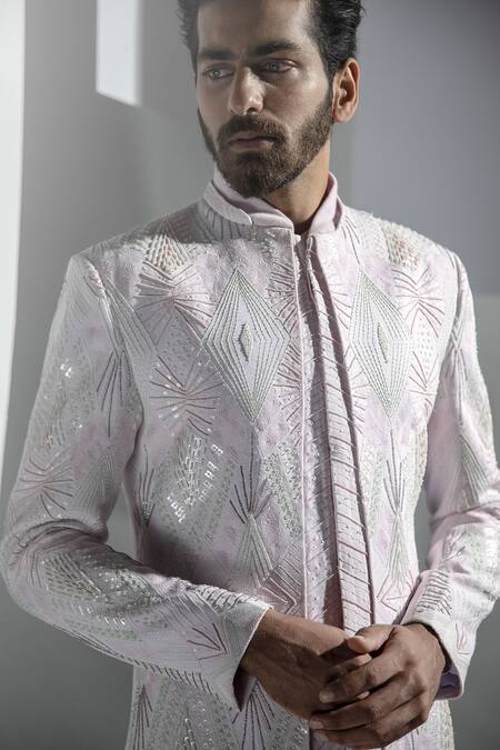 Ankur J Pink Moss Crepe Rose Embroidered Sherwani Set at Aza Fashions Ankur J_Pink Moss Crepe Rose Embroidered Sherwani Set _at_Aza_Fashions