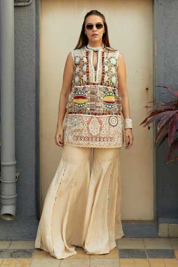 Buy Aseem Kapoor Beige Muslin, Net, Crepe Beads, Multicolor Embroidered Dress And Sharara Set at Aza Fashions Buy_Aseem Kapoor_Beige Muslin, Net, Crepe Beads, Multicolor Embroidered Dress And Sharara Set _at_Aza_Fashions