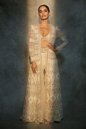 Buy Ritika Mirchandani Cream Net, Crepe Beads, Sequins, Buckles Resham Embroidered Jacket Sharara Set at Aza Fashions Buy_Ritika Mirchandani_Cream Net, Crepe Beads, Sequins, Buckles Resham Embroidered Jacket Sharara Set _at_Aza_Fashions