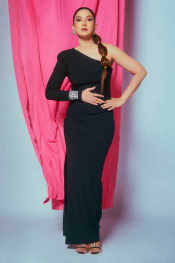 Buy Ahi Clothing Black Rayon One Shoulder High Slit Dress at Aza Fashions Buy_Ahi Clothing_Black Rayon One Shoulder High Slit Dress _at_Aza_Fashions