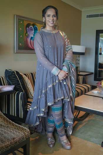 Buy Vvani By Vani Vats Purple Georgette, Silk Sequins, Gota Patti, Embroidery Charcoal Grey Kurta Set at Aza Fashions Buy_Vvani By Vani Vats_Purple Georgette, Silk Sequins, Gota Patti, Embroidery Charcoal Grey Kurta Set _at_Aza_Fashions