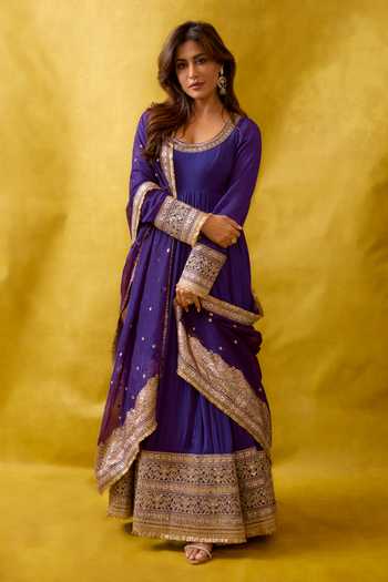 Buy Gopi Vaid Purple Chiffon, Lycra, Brocade Embroidery, Zari Anarkali Churidar And Dupatta Set at Aza Fashions Buy_Gopi Vaid_Purple Chiffon, Lycra, Brocade Embroidery, Zari Anarkali Churidar And Dupatta Set _at_Aza_Fashions