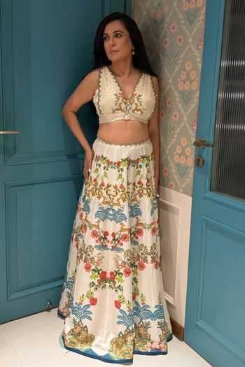 Buy Basil Leaf Off White Cotton Embroidery, Sequins Floral Printed Lehenga Set With Blouse at Aza Fashions Buy_Basil Leaf_Off White Cotton Embroidery, Sequins Floral Printed Lehenga Set With Blouse _at_Aza_Fashions