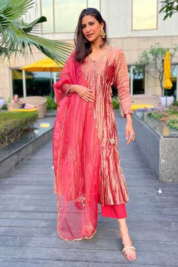 Buy Kkanyaah Coral Tissue, Cotton, Organza Sequins, Embroidery V-neck Angrakha Anarkali Set at Aza Fashions Buy_Kkanyaah_Coral Tissue, Cotton, Organza Sequins, Embroidery V-neck Angrakha Anarkali Set_at_Aza_Fashions