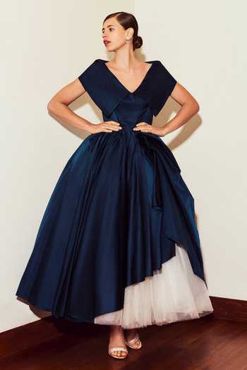Buy Gauri & Nainika Blue Denim Off-shoulder Teal Lifted Hem Gown at Aza Fashions Buy_Gauri & Nainika_Blue Denim Off-shoulder Teal Lifted Hem Gown _at_Aza_Fashions