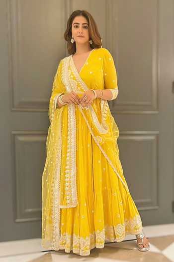 Buy Preevin Yellow Cotton, Tulle, Net Mirrors, Embroidery V-neck Diamond Bloom Anarkali Set at Aza Fashions Buy_Preevin_Yellow Cotton, Tulle, Net Mirrors, Embroidery V-neck Diamond Bloom Anarkali Set _at_Aza_Fashions