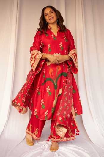 Buy Masaba Red Organza, Silk Embroidery Mandarin Collar Spring Blossom Culottes Set at Aza Fashions Buy_Masaba_Red Organza, Silk Embroidery Mandarin Collar Spring Blossom Culottes Set _at_Aza_Fashions