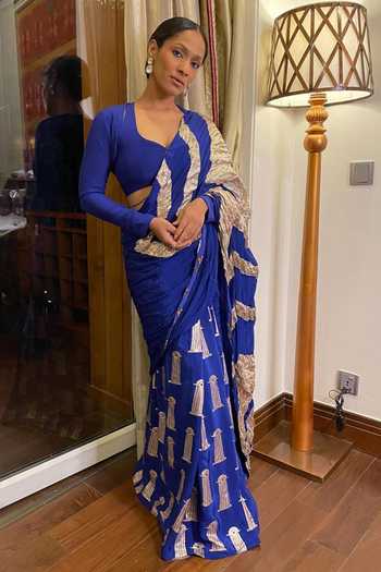 Buy Masaba Blue Crepe Printed Saree at Aza Fashions Buy_Masaba_Blue Crepe Printed Saree _at_Aza_Fashions