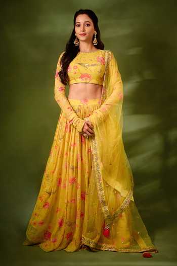 Buy Paulmi And Harsh Yellow Lehenga And Blouse Georgette Dupatta Net Round Floral Print Bridal Set at Aza Fashions Buy_Paulmi And Harsh_Yellow Lehenga And Blouse Georgette Dupatta Net Round Floral Print Bridal Set _at_Aza_Fashions