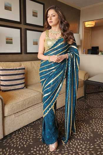 Buy Krisha Sunny Ramani Green Georgette Sequins Geometric Print And Embroidered Saree With Blouse at Aza Fashions Buy_Krisha Sunny Ramani_Green Georgette Sequins Geometric Print And Embroidered Saree With Blouse _at_Aza_Fashions
