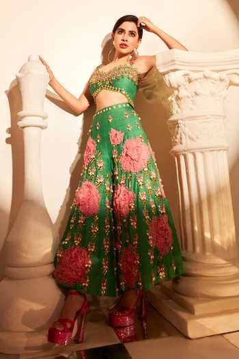 Buy Papa Dont Preach Green Silk Applique, Beads, Sequins Sweetheart Flower Embellished Jumpsuit at Aza Fashions Buy_Papa Dont Preach_Green Silk Applique, Beads, Sequins Sweetheart Flower Embellished Jumpsuit _at_Aza_Fashions