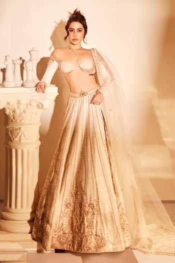 Buy Jigar & Nikita Ivory Linen, Net, Satin Pearls Sweetheart Neck Ivymist Embellished Lehenga Set at Aza Fashions Buy_Jigar & Nikita_Ivory Linen, Net, Satin Pearls Sweetheart Neck Ivymist Embellished Lehenga Set _at_Aza_Fashions