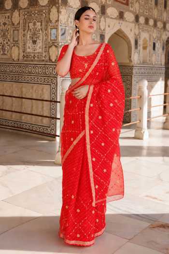 Geroo Jaipur Checkered Pattern Saree With Blouse