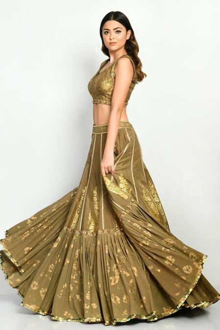 Buy_Moledro_Grey Organza, Crepe, Opada , Twill Floral Leaf Mahi Print Lehenga Set_Online_at_Aza_Fashions