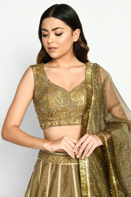 Shop_Moledro_Grey Organza, Crepe, Opada , Twill Floral Leaf Mahi Print Lehenga Set_Online_at_Aza_Fashions