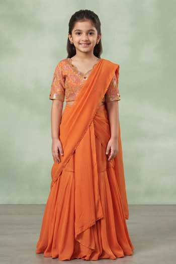 Hirika & Dhruti Tikki Embroidered Pre-Draped Saree Set For Kids